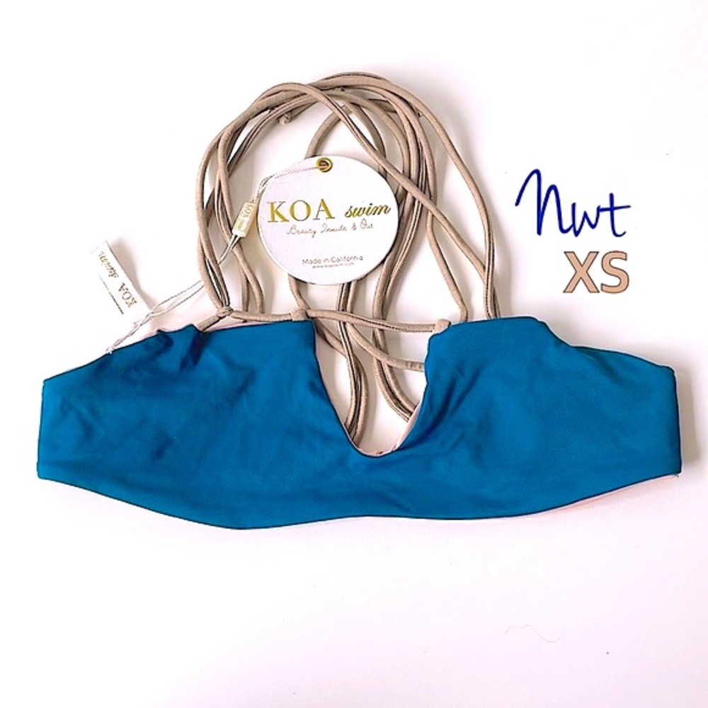 NWT (XS) KOA swim top teal gold London bikini top reversible pink racer back